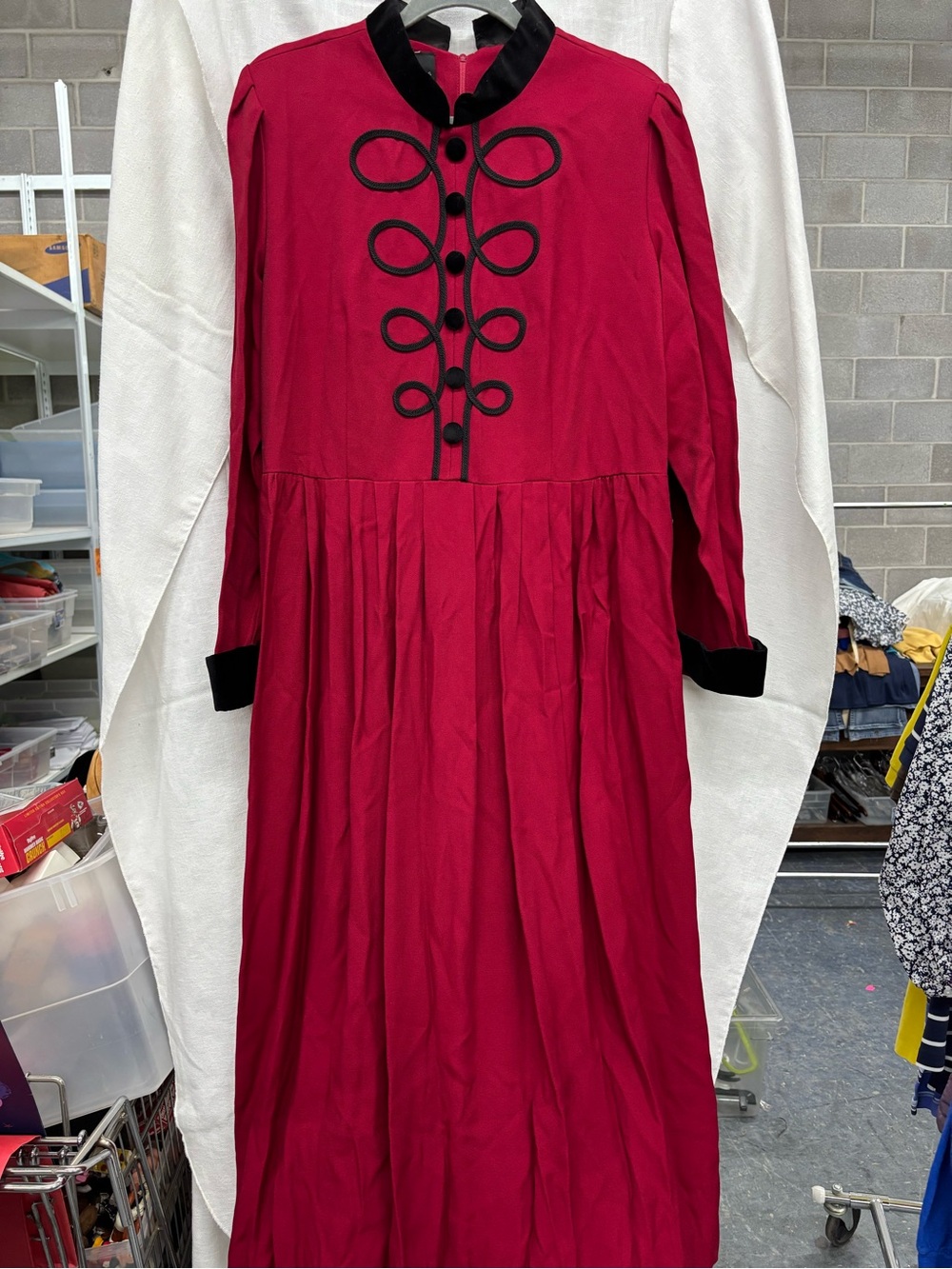 Vintage-Inspired Long Sleeve Red Dress with Black Trim